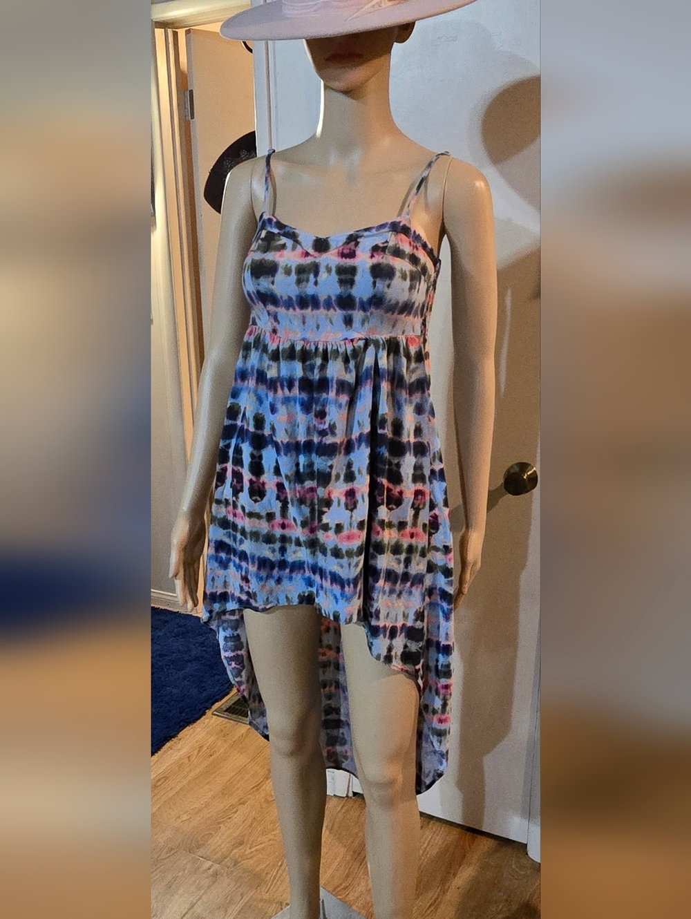Tie-Dye Spaghetti Strap High-Low Dress - Blue Pink Black
